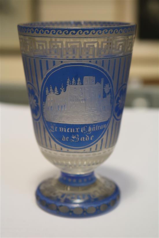 A Bohemian blue overlay glass goblet, c.1860, height 4in.